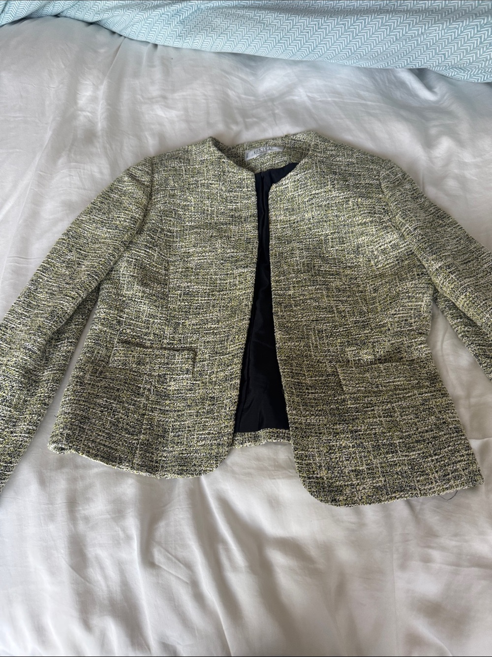 Kasper Tweed Open-Front Blazer in Olive-Green Blend